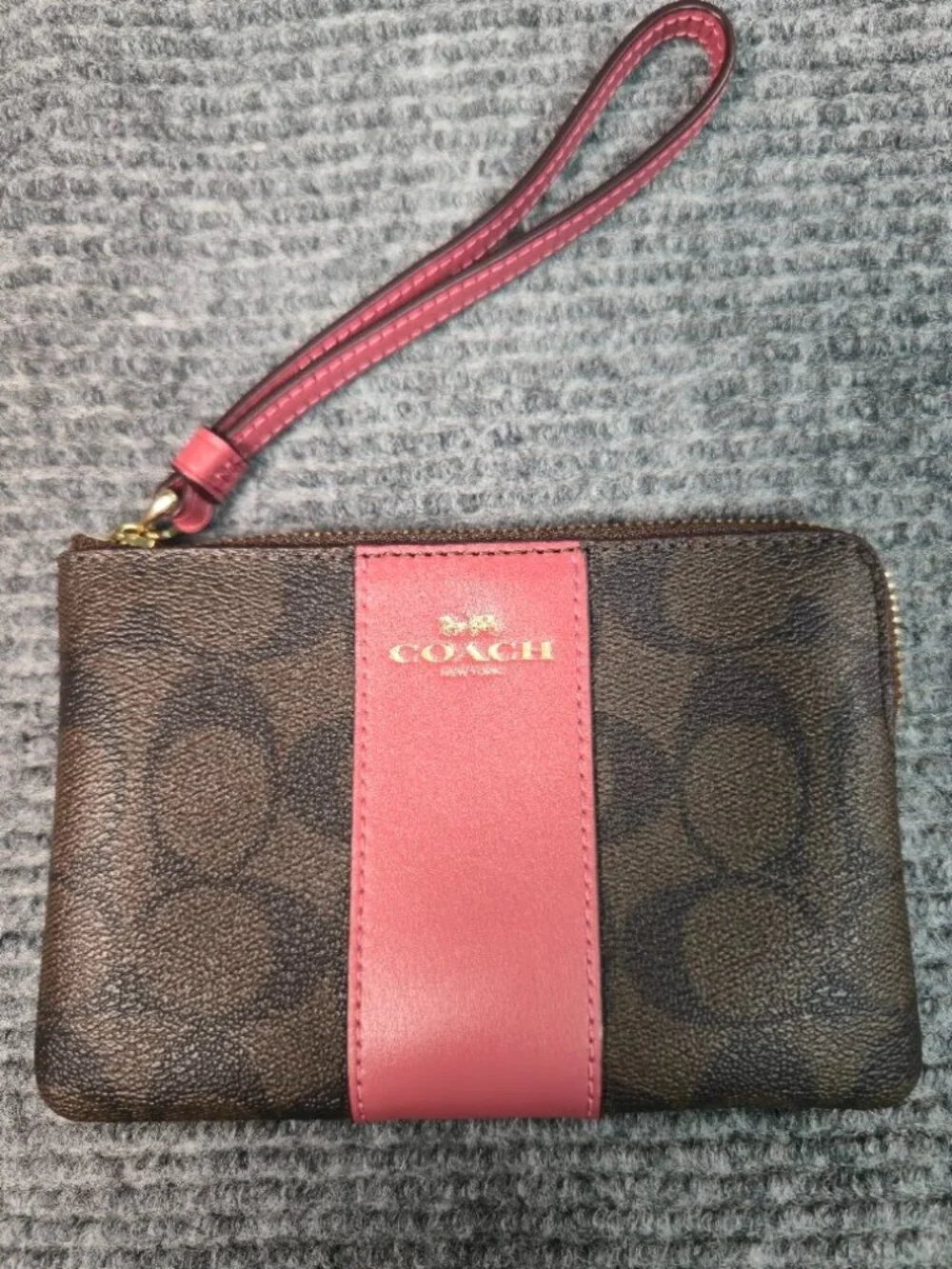 Coach Signature Brown & Pink Zip Wristlet Wallet | Leather Trim